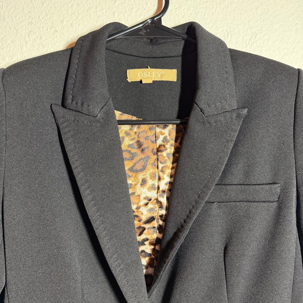 Osley Blazer Jacket Womens Black Inner Leopard Print Elbow Patches Peak Lapel - Picture 6 of 10